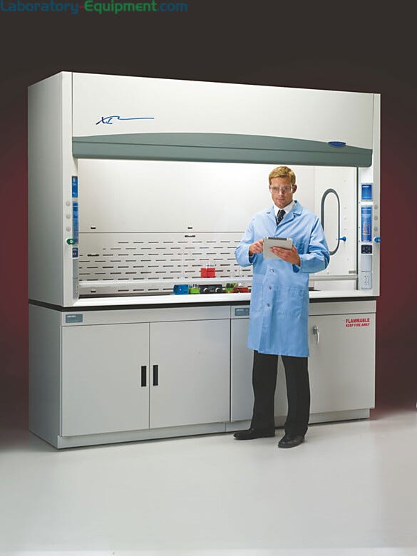 Protector XL Benchtop Laboratory fume hood by Labconco shown with optional storage cabinets  |  3649-41 displayed