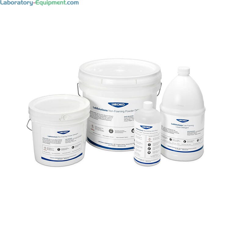 LabSolutions Powder Detergent, Low-Foaming Liquid Detergent, and Neutralizing Acid Rinse are specially formulated for Labconco SteamScrubbers and FlaskScrubbers  |  6921-PP-06 displayed