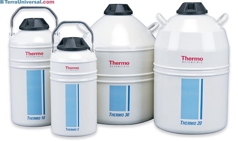 Liquid Nitrogen Transfer Vessels store small amounts of liquid nitrogen in a portable, low-loss container for dispensing into other cryogenic vessels
