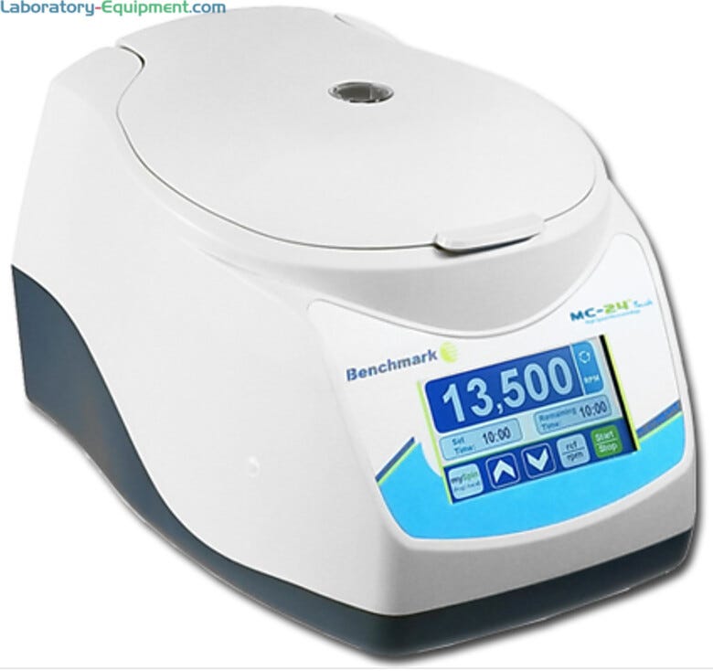 Cold-room safe Benchmark Scientific MC-24 Touch Microcentrifuge features a large full color touchscreen that displays speeds in rpm and rcf  |  2829-PP-15 displayed