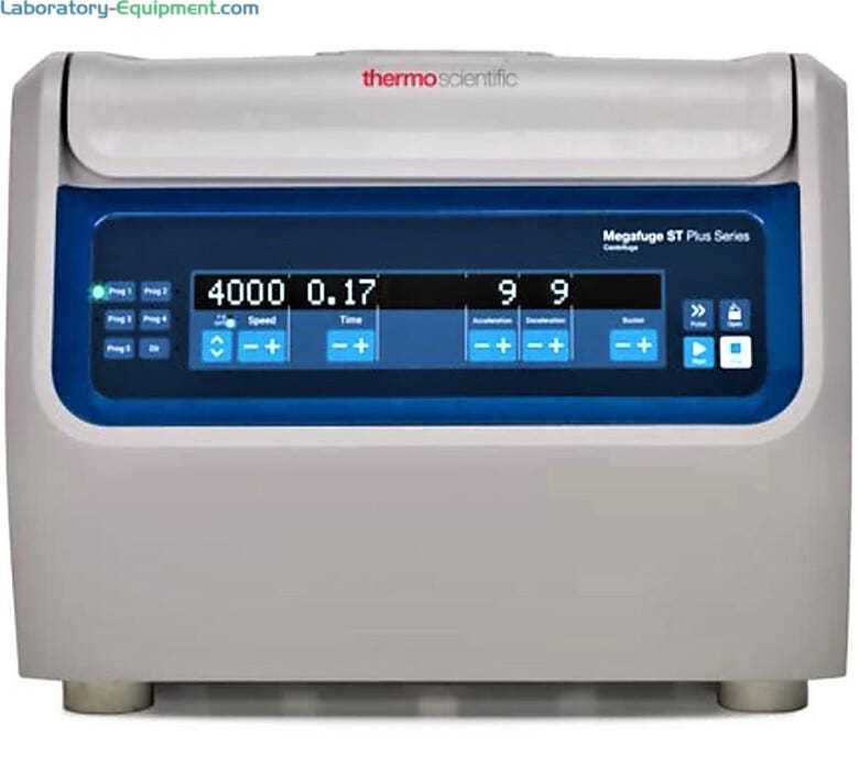1.6L Megafuge ST1 Plus Centrifuge by Thermo Scientific in general use and IVD Certified models have a max 15,200rpm, a 6-program memory and optional rotors  |  6707-98 displayed