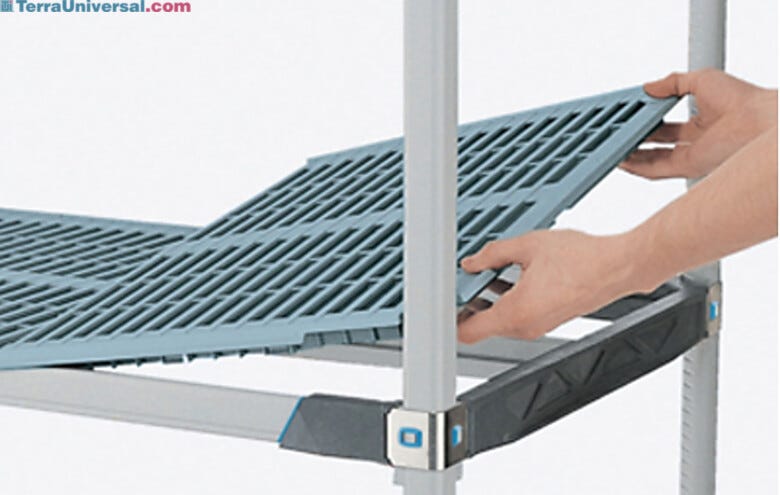 InterMetro Open Grid Interchangeable Polymer Shelving shown being assembled | 1541-15 displayed