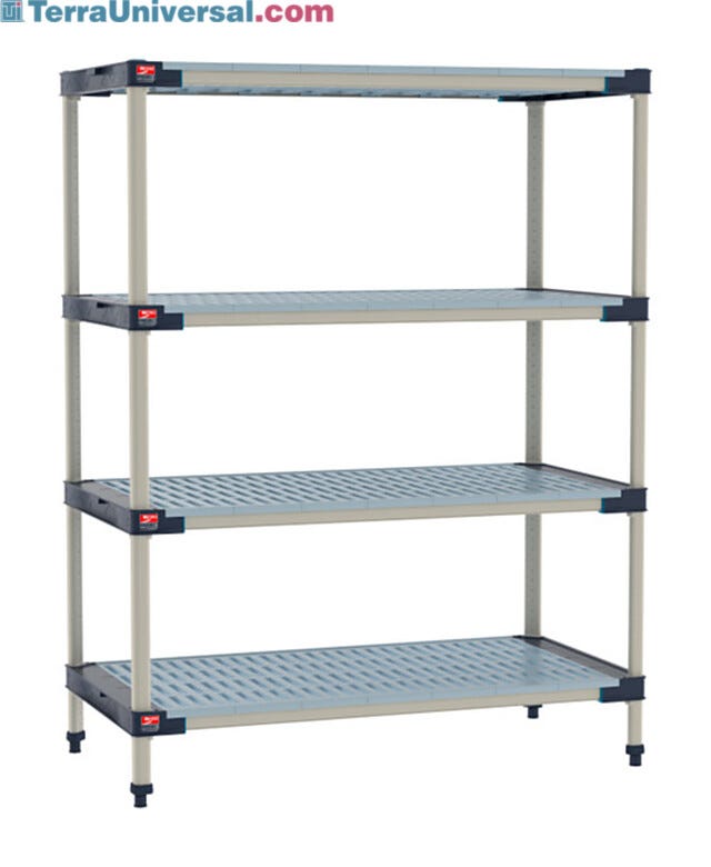 MetroMax stationary shelving units combine rust-proof, heavy-duty polymer construction with adjustable, easy-clean shelving | 1572-04 displayed