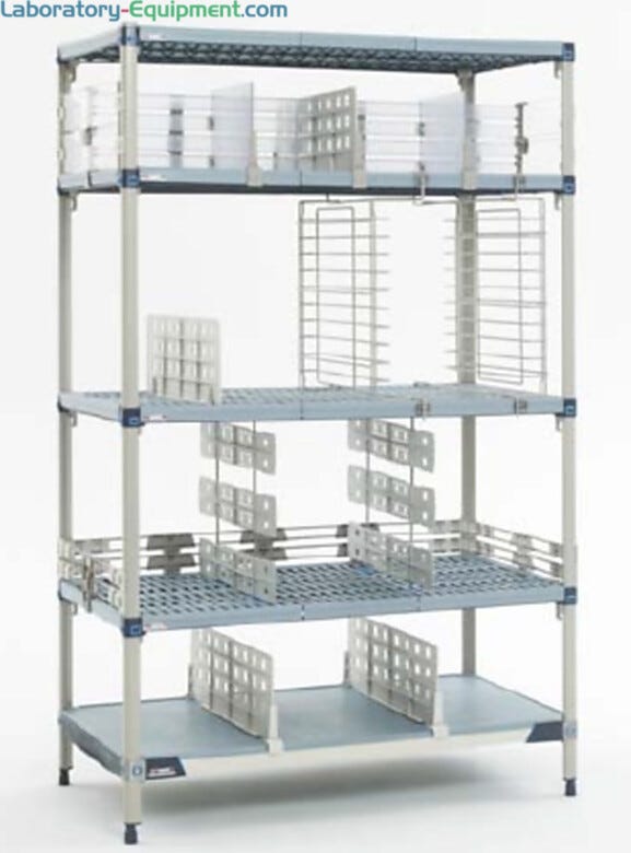 MetroMax Q Shelving Systems with open grid shelves and epoxy coated steel posts provide antimicrobial product protection