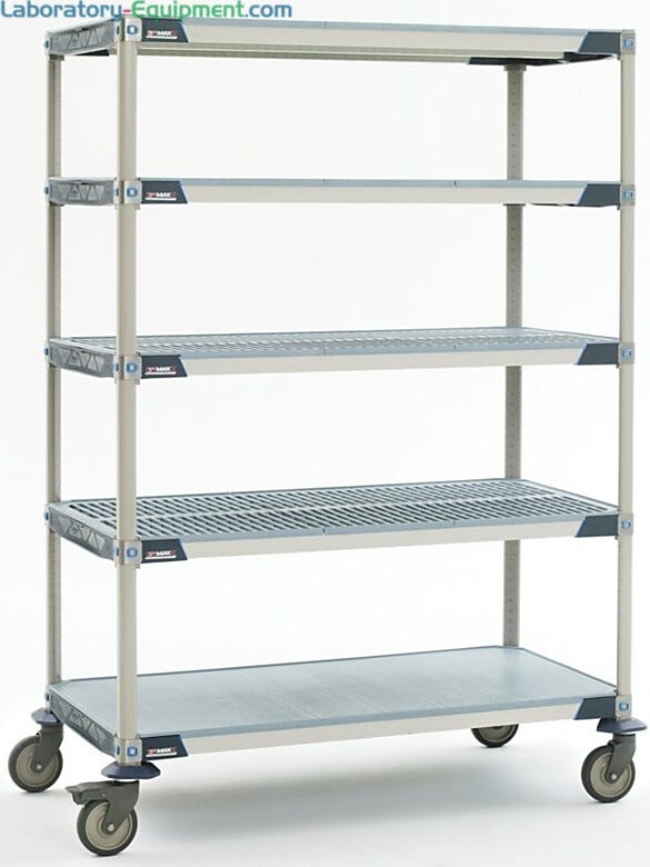 Antimicrobial five-tier cart with solid bottom MetroMax i shelf and polyurethane casters, ideal for placement in walk-in coolers  |  1534-44 displayed