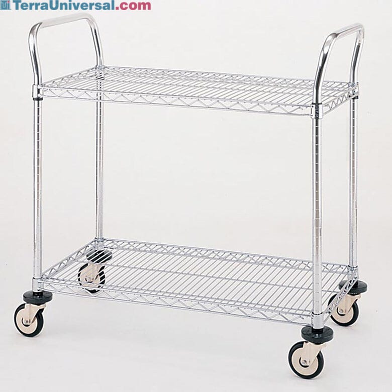 Stainless steel and Chrome Plated Utility Carts by InterMetro includes two sire steel shelves, handles and four casters  |  1402-38 displayed