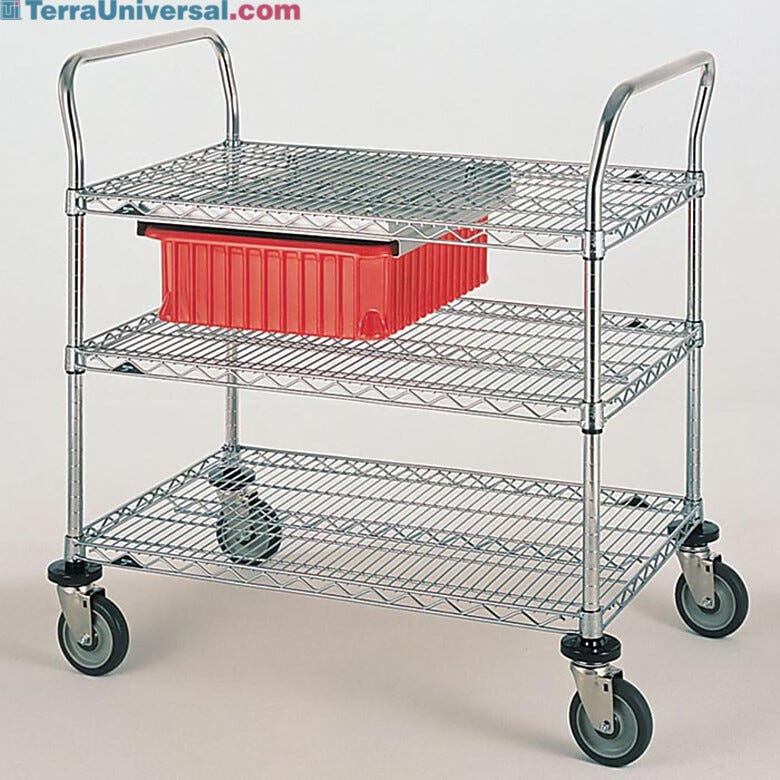 Stainless steel and Chrome Plated Utility Carts by InterMetro includes three wire steel shelves, handles and four casters  |  1402-62 displayed
