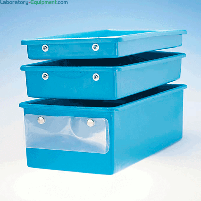 Tote boxes shown with snap-on labeling pouches  |  6000-04 displayed