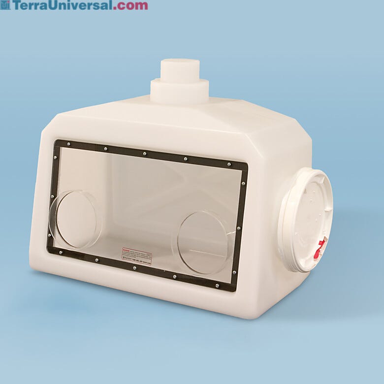 Economical, lightweight, portable glove box features a one-piece polyethylene shell with exhaust ventilation flange and large acrylic viewing window | 3308-10 displayed