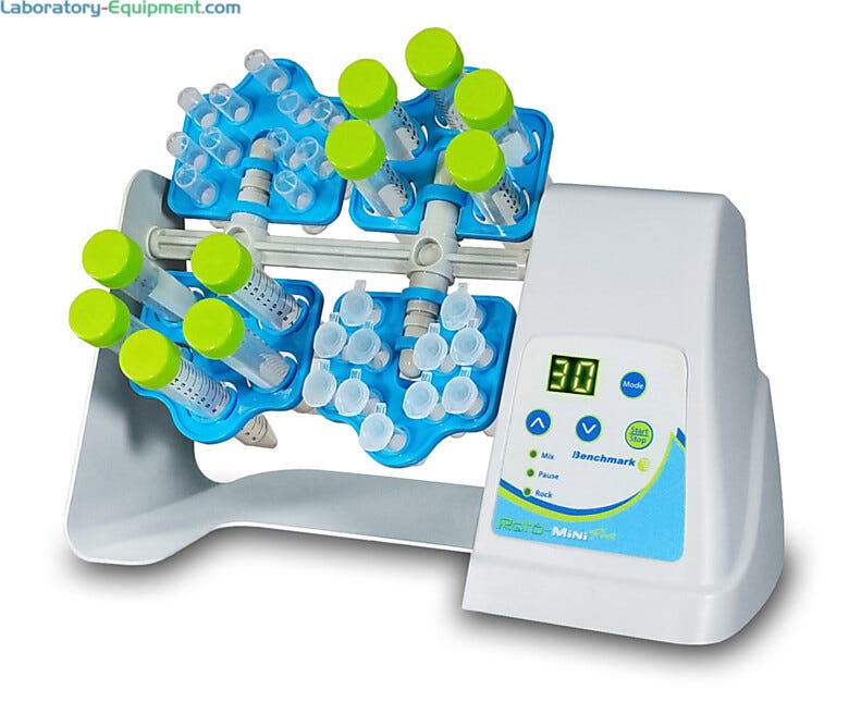 Roto-Mini Plus Variable Speed Rotators by Benchmark Scientific with a 5-70 rpm speed, mix, pause and rock functions; 115V and 230V models with 4 tube holders