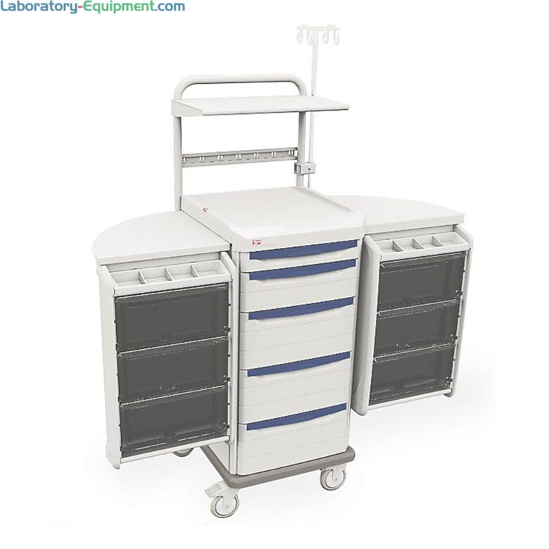 Antimicrobial biomedical cart by Intermetro with right and left swingout pods with drawers and dividers | 1306-86 displayed