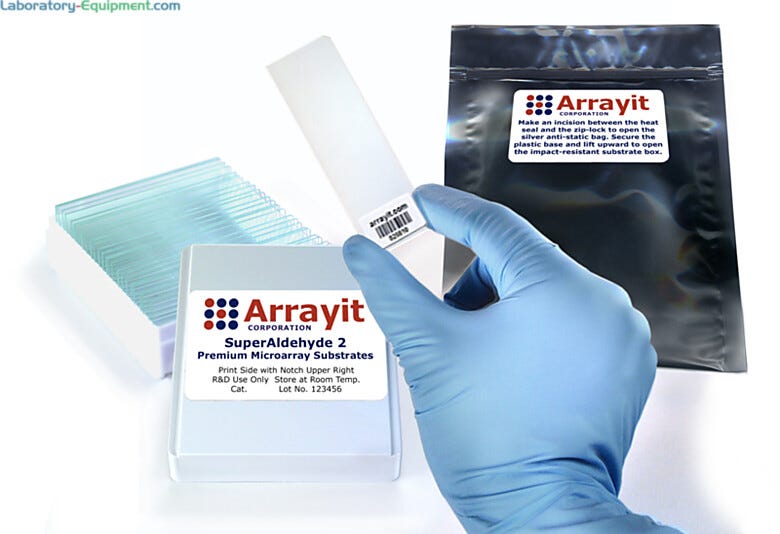 All substrate slides are compatible with a variety of Arrayit instruments, tools and consummables  |  3031-52-B displayed