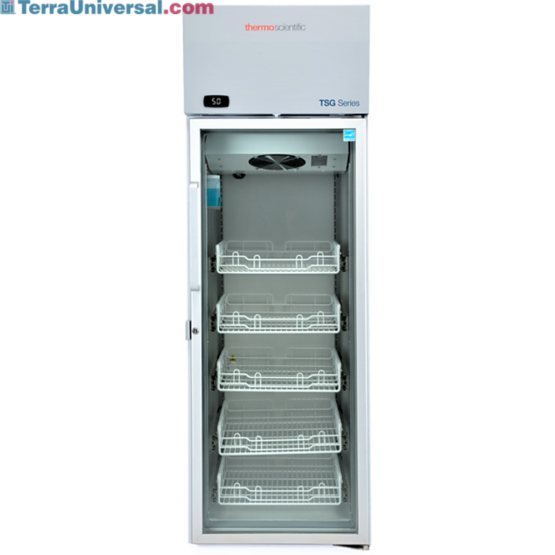 NSF 456 Compliant TSG1205PA Pharmacy Glass Door Refrigerator by Thermo Scientific designed for vaccine storage with a 2–8°C temperature range and a 5°C setpoint  |  1621-60 displayed