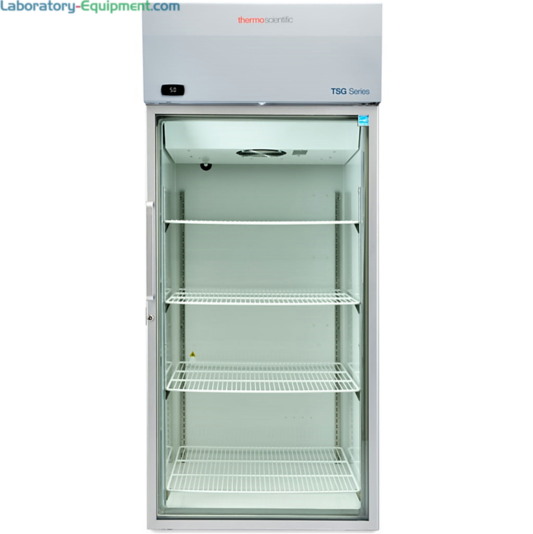 Energy-efficient 29.2 cu. ft. TSG3005GA Glass Door Lab Refrigerator by Thermo Fisher Scientific with a 2–8°C temperature range includes casters and shelves