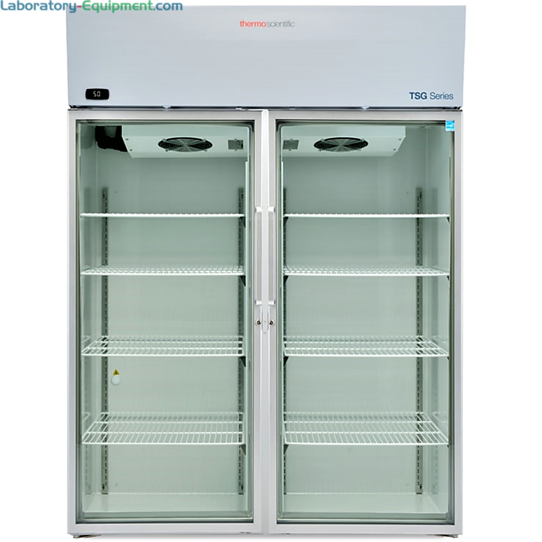 Energy-efficient 51.1 cu. ft. TSG5005GA Glass Door Lab Refrigerator by Thermo Fisher Scientific with a 2–8°C temperature range includes 4 casters and 8 shelves