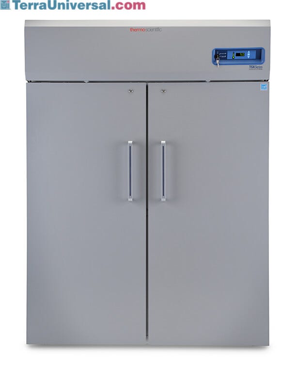 Double-solid door 1447L TSX High-Performance Refrigerator by Thermo Fisher Scientific with 8 shelves and 4 casters; GMP Clean Room Class A/ISO 6 compatible | 1621-15 displayed