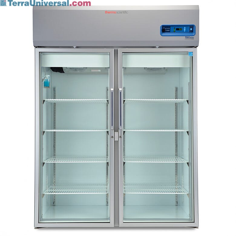 Double-glass door 1447L TSX High-Performance Refrigerator by Thermo Fisher Scientific with 8 shelves and casters; GMP Clean Room Class A/ISO 6 compatible | 1621-11 displayed