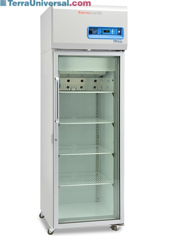 Single-glass door 326L TSX High-Performance Refrigerator by Thermo Fisher Scientific includes 4 shelves and casters; GMP Clean Room Class A/ISO 6 compatible  |  1621-07 displayed