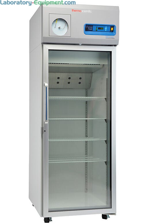 Single-glass door 650L TSX High-Performance Refrigerator by Thermo Fisher Scientific includes 4 shelves and casters; GMP Clean Room Class A/ISO 6 compatible | 1621-08 displayed