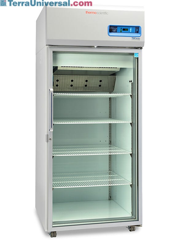Single-glass door 827L TSX High-Performance Refrigerator by Thermo Fisher Scientific includes 4 shelves and casters; GMP Clean Room Class A/ISO 6 compatible | 1621-09 displayed