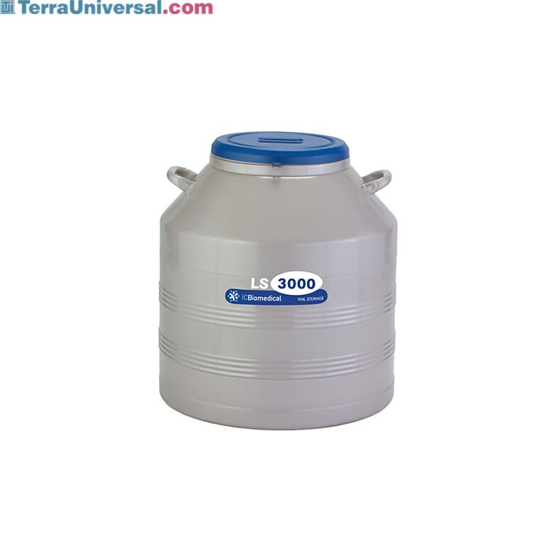 TW LS3000 Cryogenic Refrigerator has an 81L liquid or vapor LN2 capacity and an aluminum body with magniformed necktube; stores 3000 2ml vials  |  6900-10 displayed