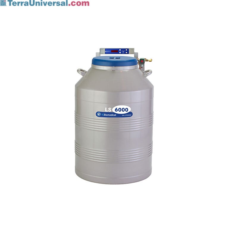 TW LS6000 Cryogenic Refrigerator has a 165L liquid or vapor LN2 capacity, an aluminum body with magniformed necktube; stores 6000 2ml vials  |  6900-12 displayed