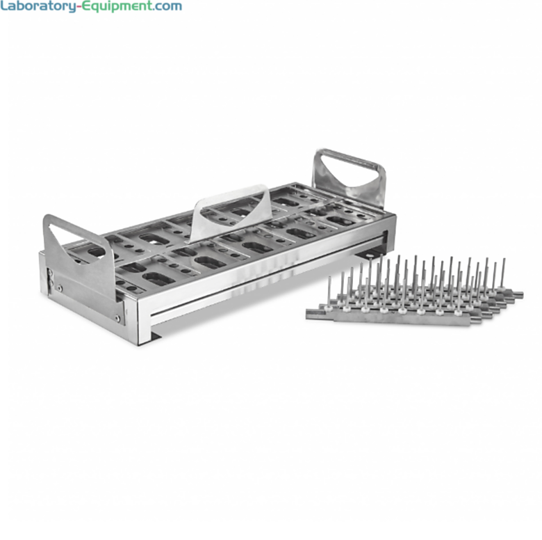 Labconco 304 stainless steel 12 x 32 mm Vial Insert #4574400 holds 48 vials and includes retainer lid with handle, support holder and six spindle arms  |  6927-54 displayed