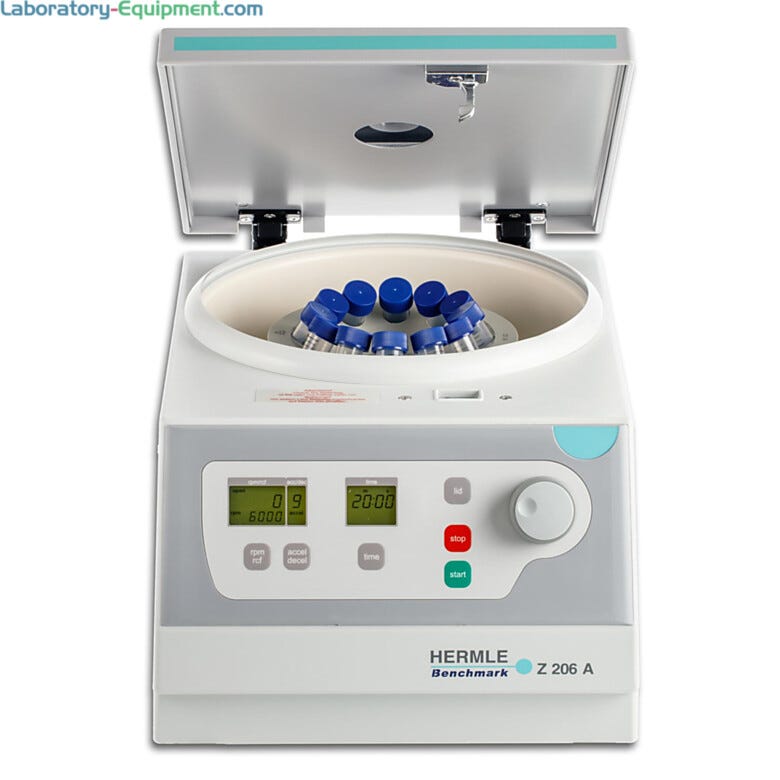 Hermle’s Z206 compact centrifuge, with maximum speed of 6,000 rpm, holds tubes in swing-out or angle rotors  |  2823-51 displayed