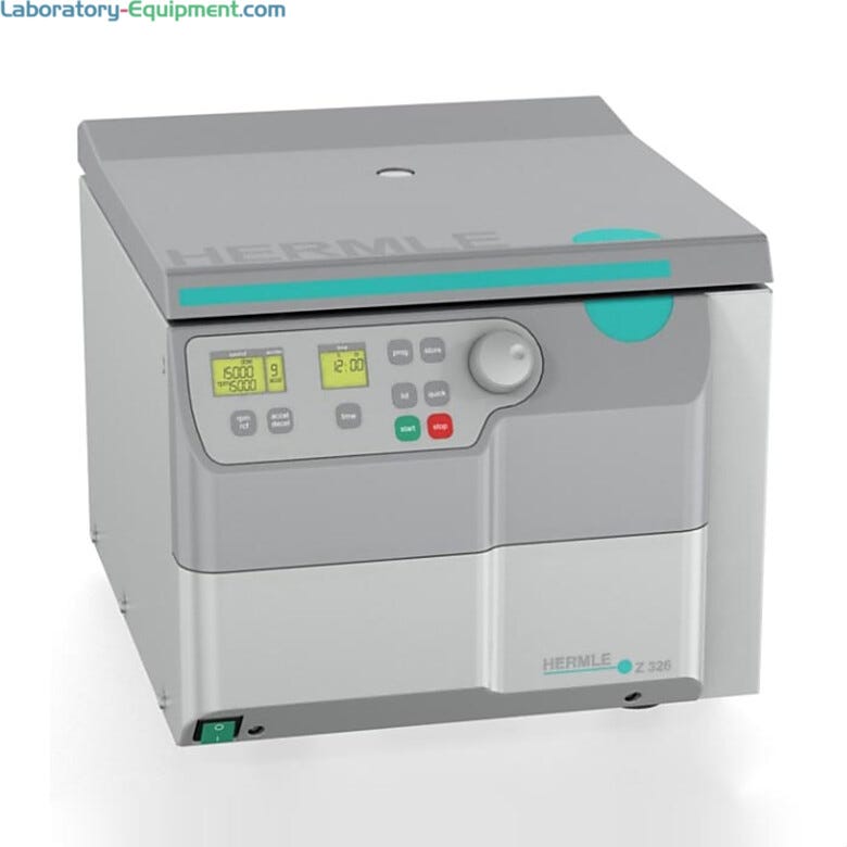 Compact lab centrifuge has 18 rotor options (order separately) and built-in safety features. Hermle’s Z326 is air-cooled, stores up to 99 programs | 2823-61 displayed