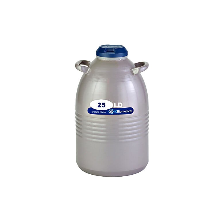 TW 25LDB Dewar by IC Biomedical with 25-liter LN2 capacity and a snap-on cap closure for secure sample storage and dispensing; optional Liquid Withdrawal Device | 6901-03 displayed