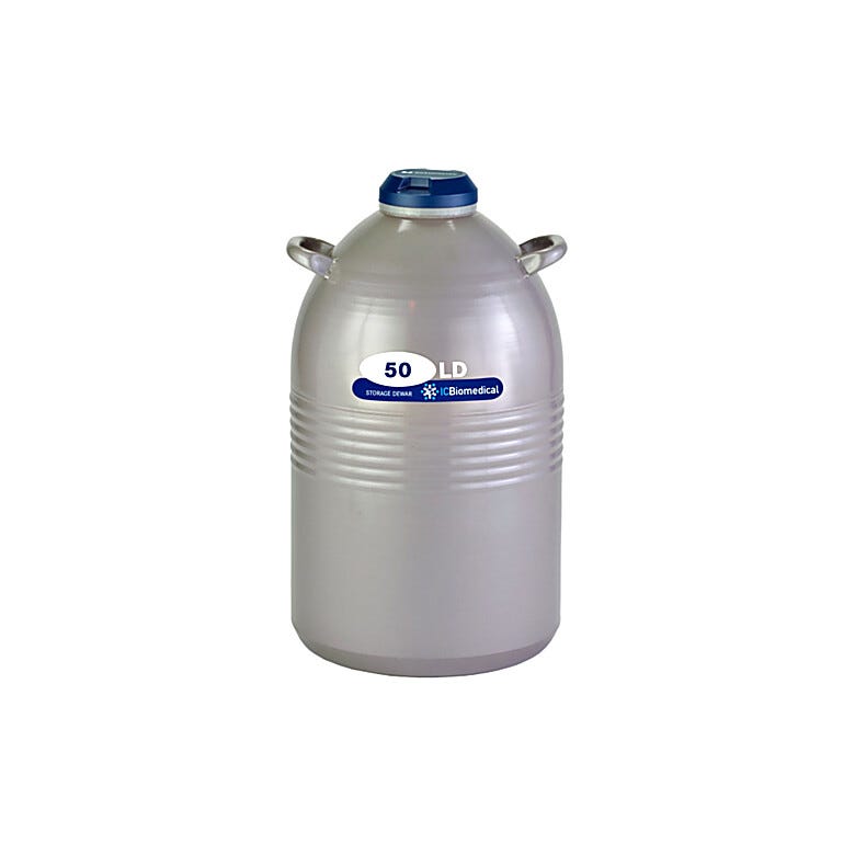 TW 50LDB Dewar by IC Biomedical with 50-liter LN2 capacity and a snap-on cap closure for secure sample storage and dispensing; optional Liquid Withdrawal Device  |  6901-06 displayed