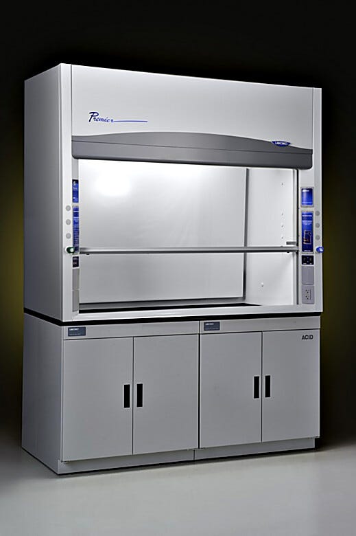 Eight foot Protector Premier laboratory fume hoods by Labconco shown with optional storage cabinets  |  3649-36 displayed
