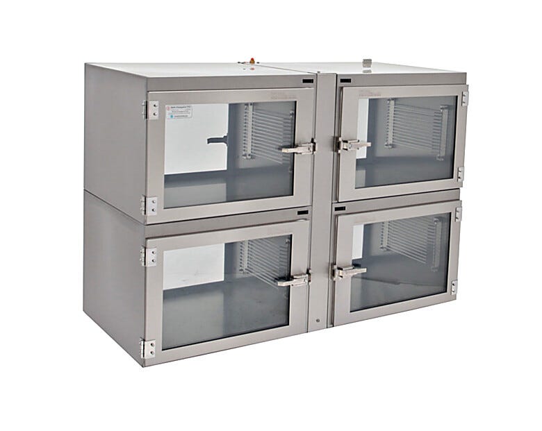 Series 400 two tier, four chamber Dual-side access Stainless Steel Desiccator Cabinet shown without shelf. | 1609-10BNP displayed