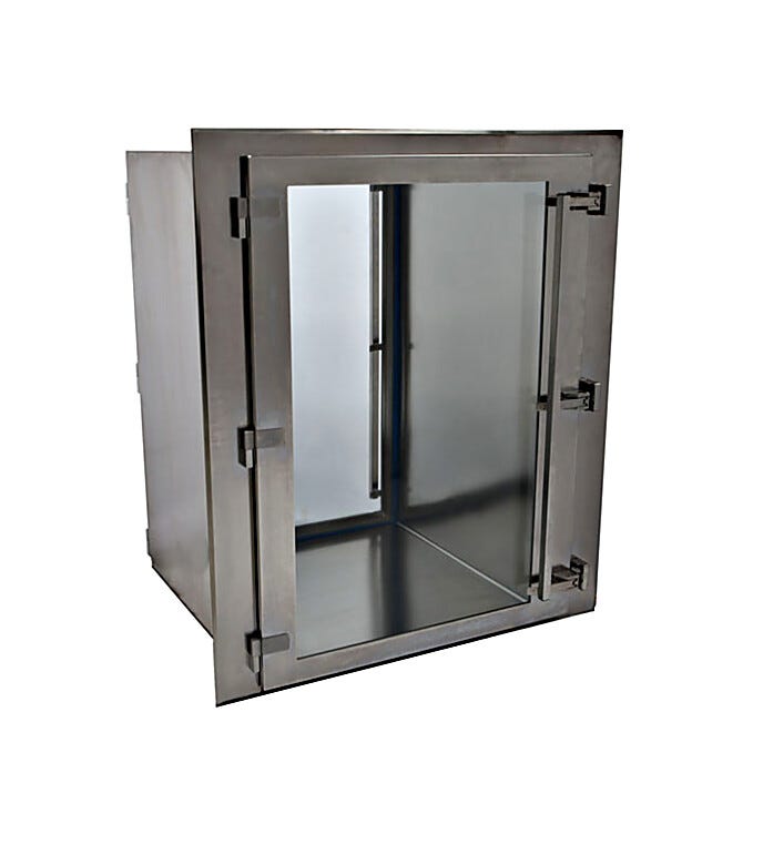 CleanMount(tm) BioSafe Passthrough mounts flush against cleanroom wall | 2636-82C displayed