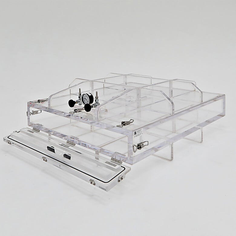 Acrylic vacuum chamber with extra wide mouth and hinged door lets you easily feed long parts through for speedy and hassle-free transfer  |  3305-81 displayed