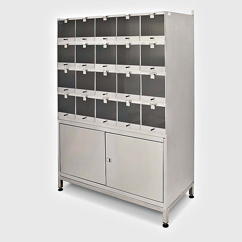 20-compartment, 1 extra double door storage compartment, steel cabinet with SDPVC hinged lids  |  4105-24 displayed