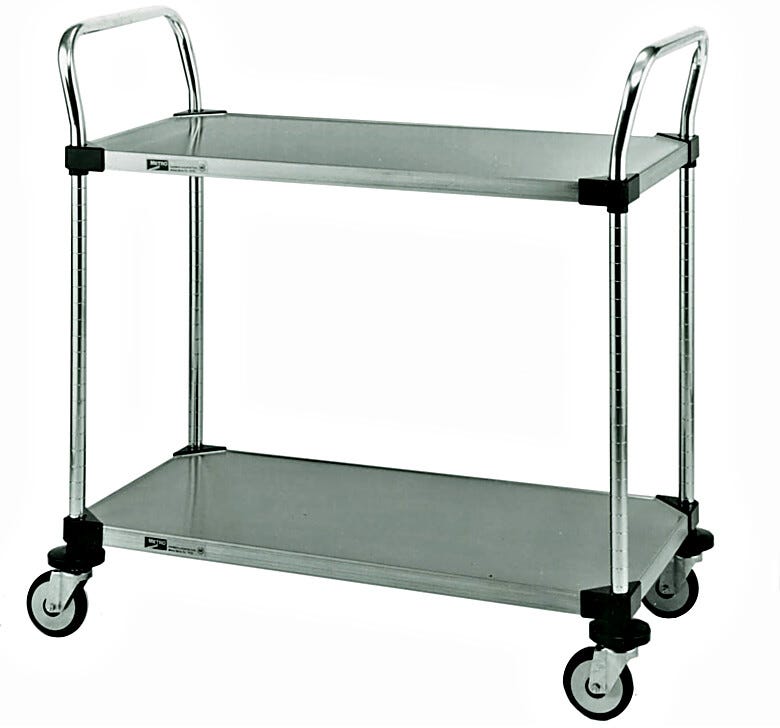 Metro MW100 series utility cart features two solid stainless steel shelves practical for transporting materials requiring an expanse of flat surface  |  1302-PP-01 displayed
