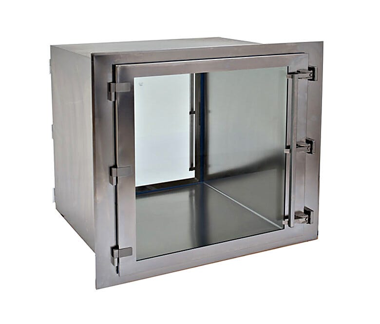 CleanMount(tm) BioSafe Passthrough mounts flush against cleanroom wall | 2636-79C displayed