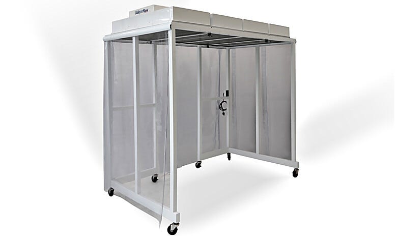Portable vertical laminar flow hood with anti-static vinyl paneling, knock-down assembly with lighting, FFUs, and casters  |  1870-04B displayed