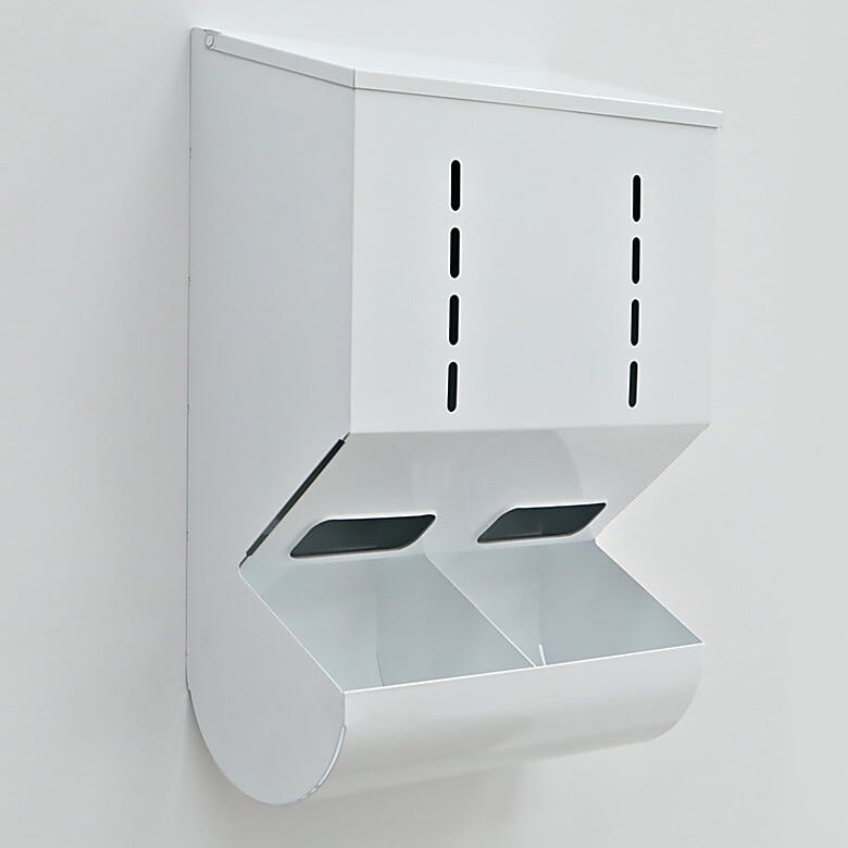 Wall-mounted, gravity-fed glove dispenser, 2-chambers, powder-coated steel  |  4951-38-2-PC displayed