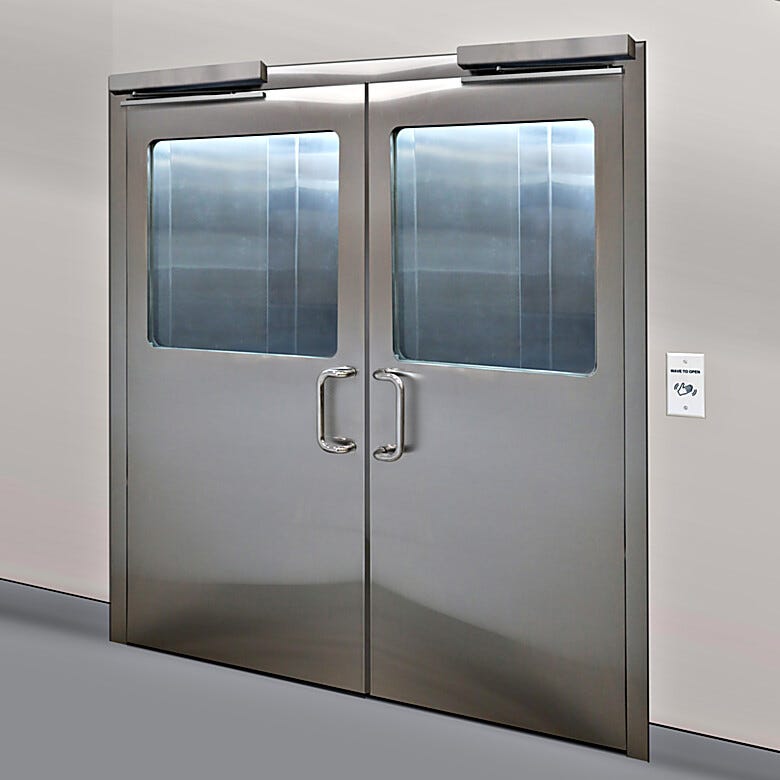 Stainless steel double doors with partial view flush mount windows and ladder style pull handles  |  6602-94B displayed