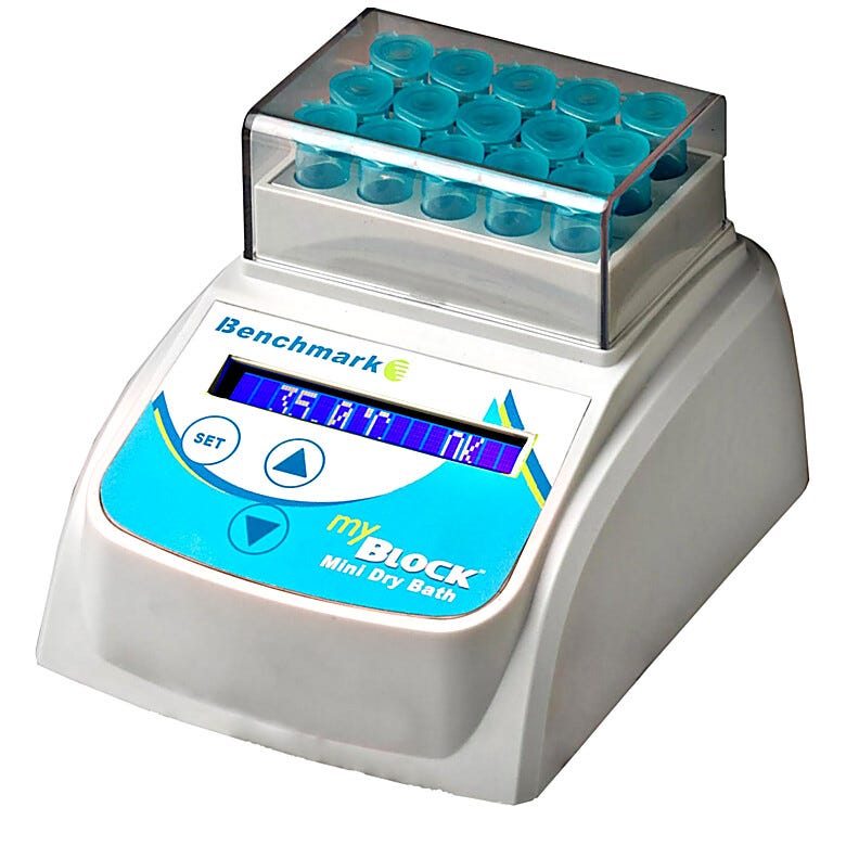 The myBlock™ Mini Dry Bath by Benchmark Scientific features a compact size to conserve bench space  |  2818-00 displayed