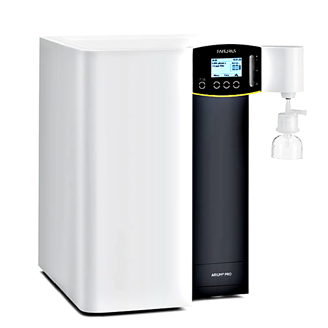 Benchtop Arium Pro Ultrapure Water System by Sartorius with touchscreen display exceeds ASTM Type 1 water quality standards;UF | 1017-38 displayed