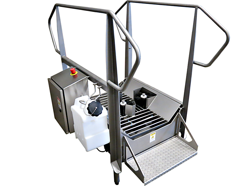 Stainless steel BSX800V Compact Walk Through Dual Wet Boot Scrubber with vertical side brushes in 3