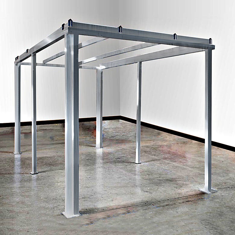 Stainless steel frames on softwall cleanrooms create free-standing structures