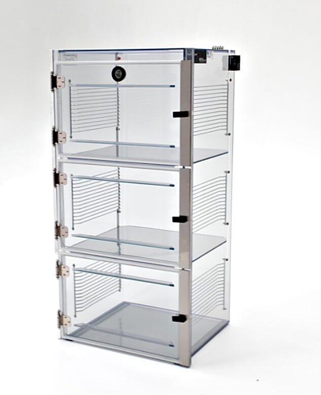 ValuLine® ESD-safe desiccator cabinet, static-dissipative PVC, 3 chambers with adjustable shelving | 3949-32C displayed
