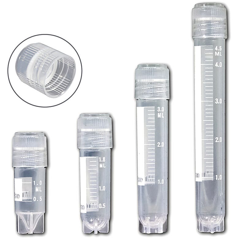 Self-standing externally threaded cryogenic vial with printed graduations and marking area