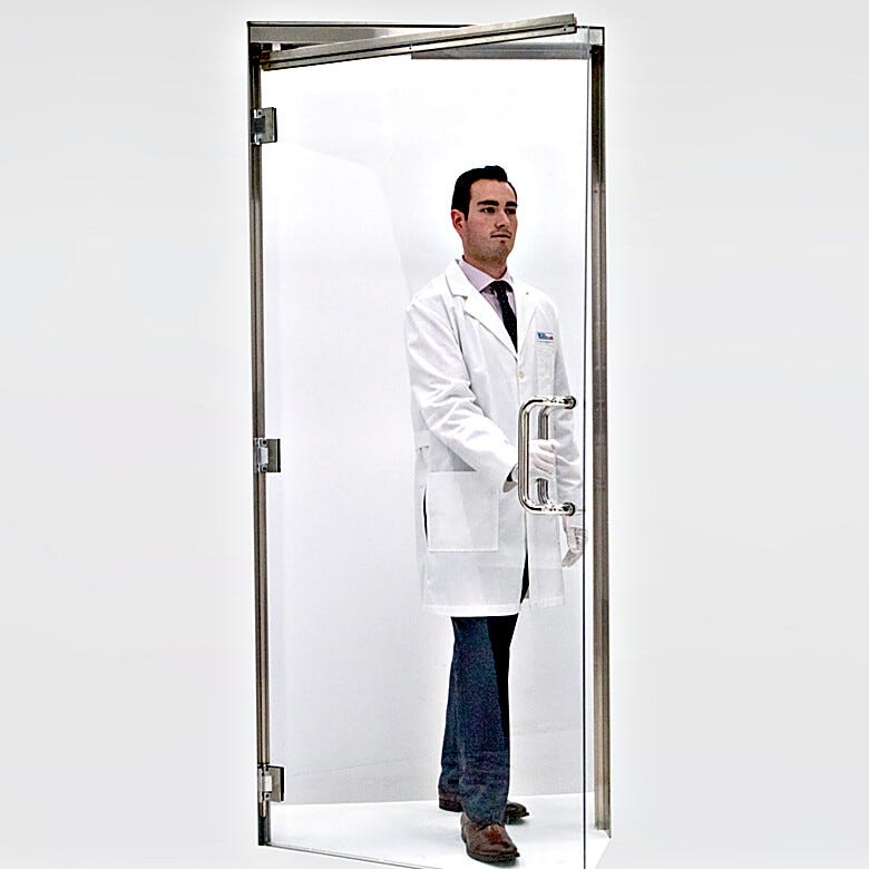 Polycarbonate frameless door with stainless steel jambs and spring loaded hinges | 6709-20-L displayed
