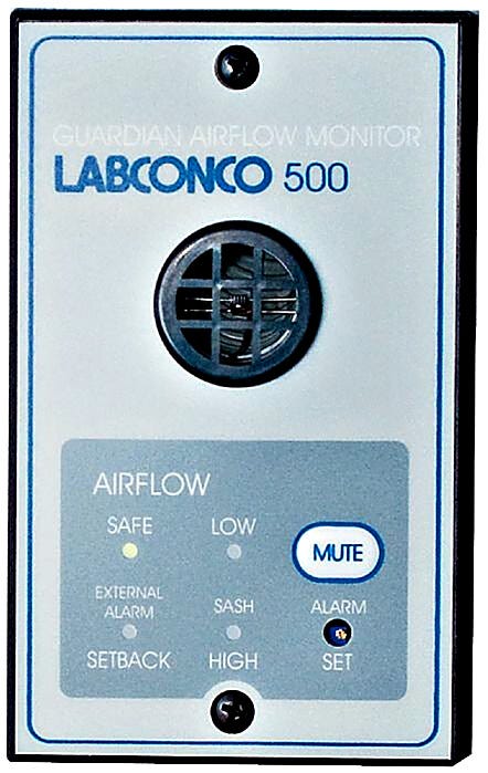 115V and 230V Guardian 500 Airflow Monitor by Labconco factory-prepared cutout on upper portion of Protector and Xstream Hoods; #9723213 and #9743214  |  3646-56 displayed