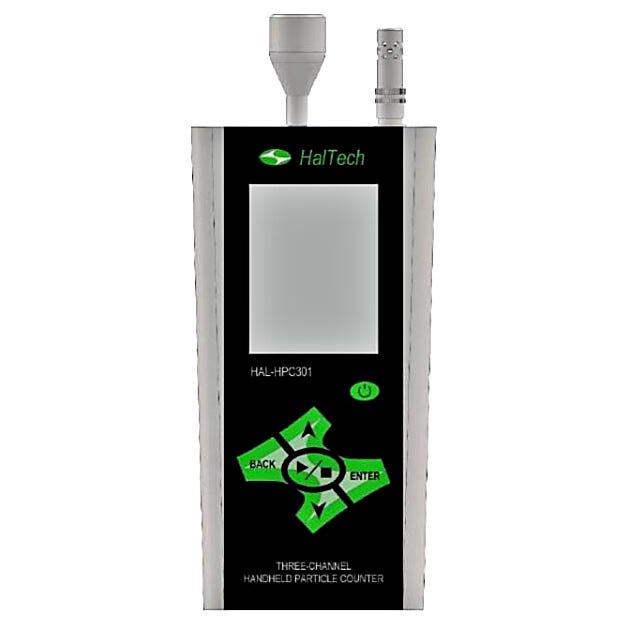 HPC301 3-Channel Handheld Laser Air Particle Counter simultaneously measures 3 user-configured particle sizes; accessories sold separately  |  1510-31A displayed